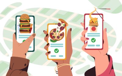 Flat human hands hold smartphone with mobile app for ordering fast food at home or take away. Online service for order asian and italian meals. Pizza, burger and wok box with noodles delivery.